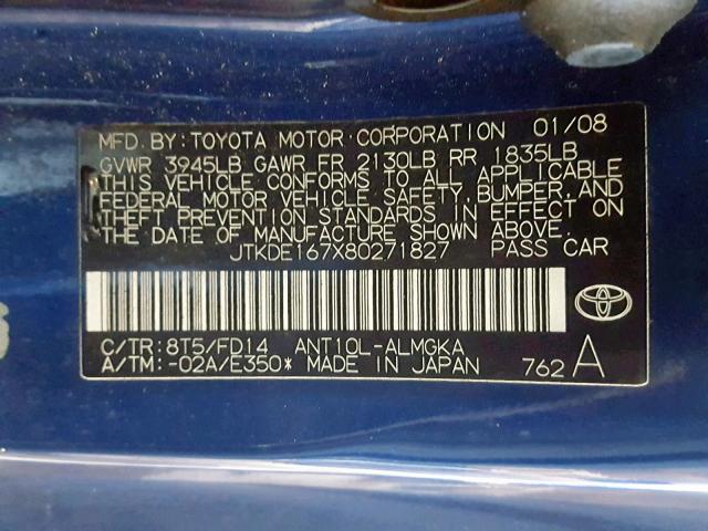 JTKDE167X80271827 - 2008 TOYOTA SCION TC 蓝色 照片 10