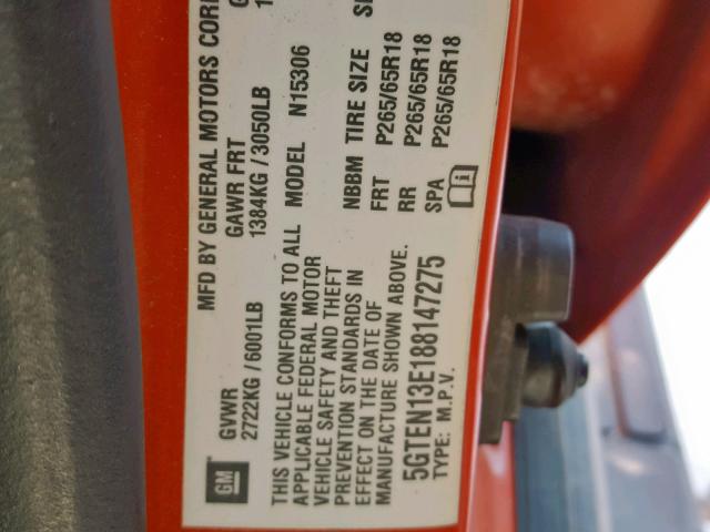 5GTEN13E188147275 - 2008 HUMMER H3 ORANGE photo 10