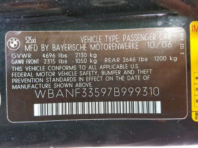 WBANF33597B999310 - 2007 BMW 525 XI BLACK photo 10