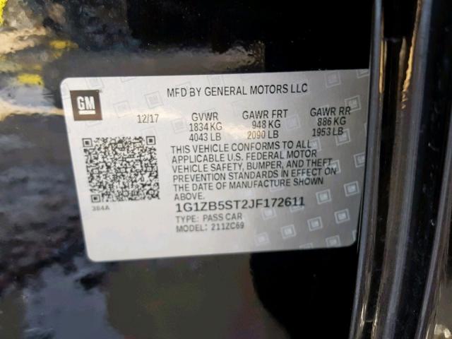 1G1ZB5ST2JF172611 - 2018 CHEVROLET MALIBU LS BLACK photo 10