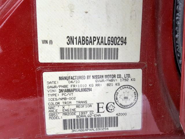 3N1AB6APXAL690294 - 2010 NISSAN SENTRA 2.0 RED photo 10