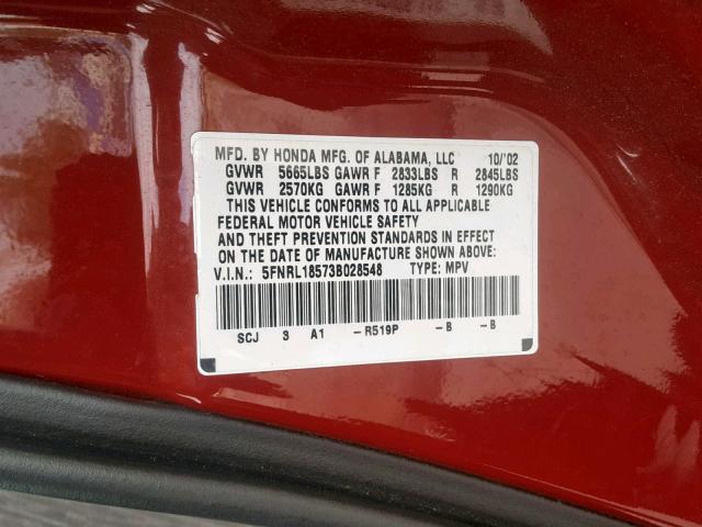 5FNRL18573B028548 - 2003 HONDA ODYSSEY LX RED photo 10