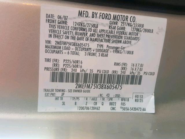 2MEFM75V38X605475 - 2008 MERCURY GRAND MARQ SILVER photo 10