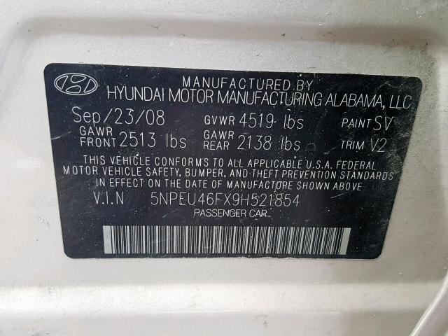 5NPEU46FX9H521854 - 2009 HYUNDAI SONATA SE BEIGE photo 10