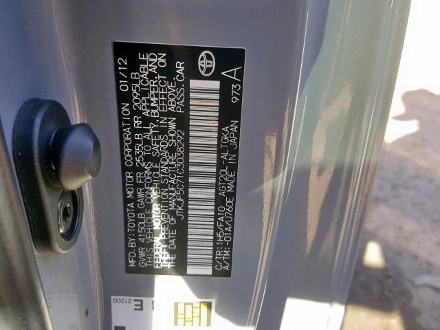 JTKJF5C71C3038292 - 2012 TOYOTA SCION TC ნაცრისფერი ფოტო 10