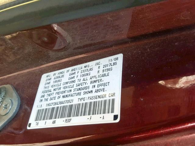 1HGCP26439A070521 - 2009 HONDA ACCORD LXP MAROON photo 10