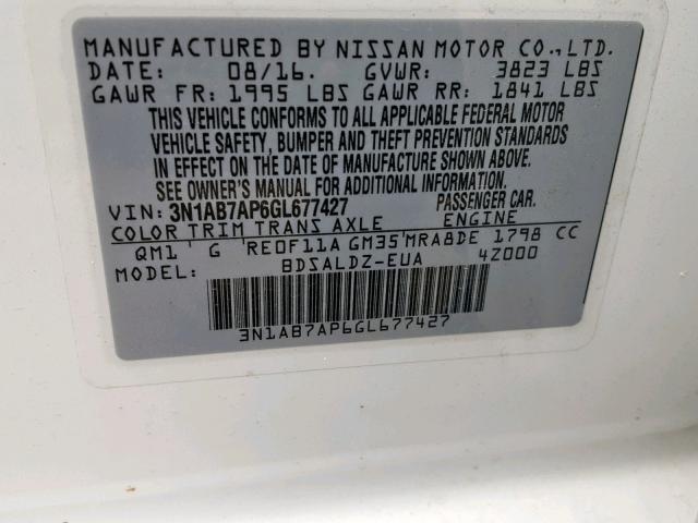 3N1AB7AP6GL677427 - 2016 NISSAN SENTRA S WHITE photo 10