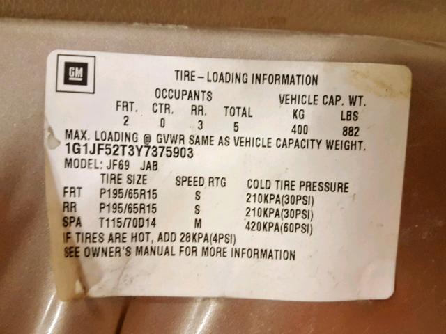 1G1JF52T3Y7375903 - 2000 CHEVROLET CAVALIER L GOLD photo 10