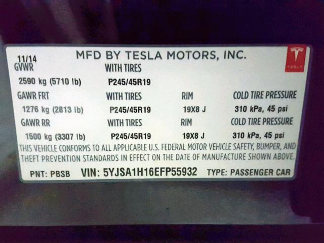 5YJSA1H16EFP55932 - 2014 TESLA MODEL S BLACK photo 10