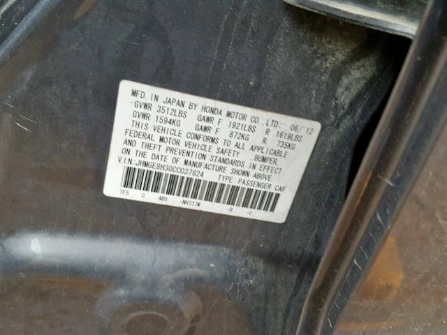 JHMGE8H30CC037824 - 2012 HONDA FIT SILVER photo 10