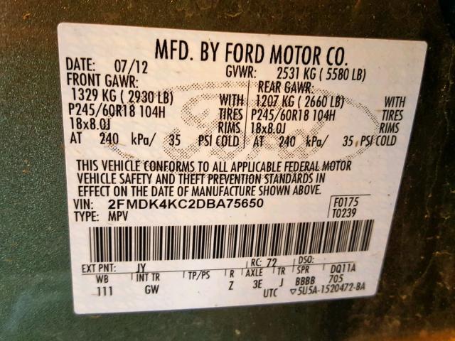 2FMDK4KC2DBA75650 - 2013 FORD EDGE LIMIT GREEN photo 10