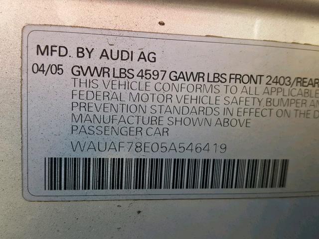 WAUAF78E05A546419 - 2005 AUDI A4 2.0T SILVER photo 10