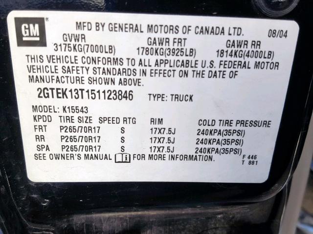 2GTEK13T151123846 - 2005 GMC NEW SIERRA BLACK photo 10