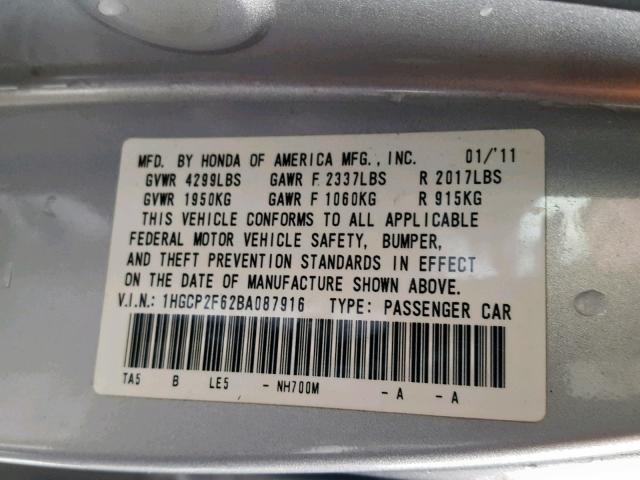 1HGCP2F62BA087916 - 2011 HONDA ACCORD SE SILVER photo 10