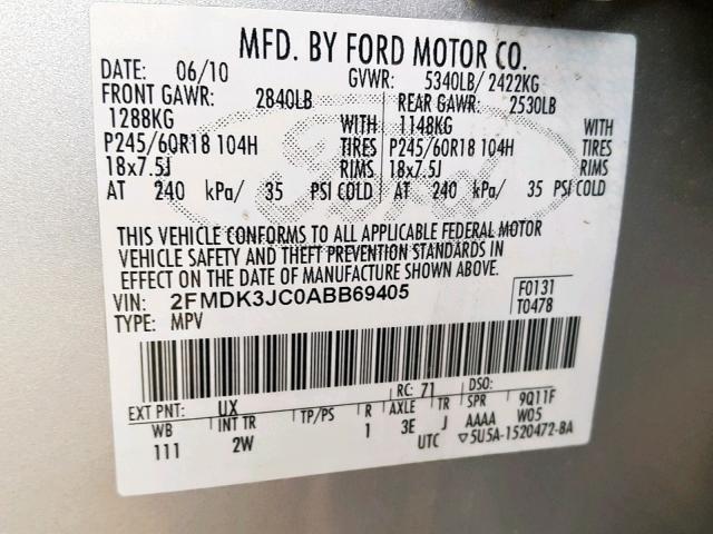 2FMDK3JC0ABB69405 - 2010 FORD EDGE SEL SILVER photo 10