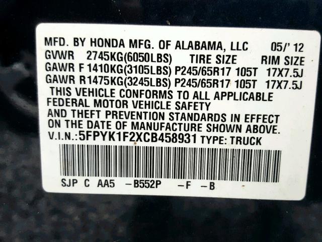 5FPYK1F2XCB458931 - 2012 HONDA RIDGELINE BLUE photo 10