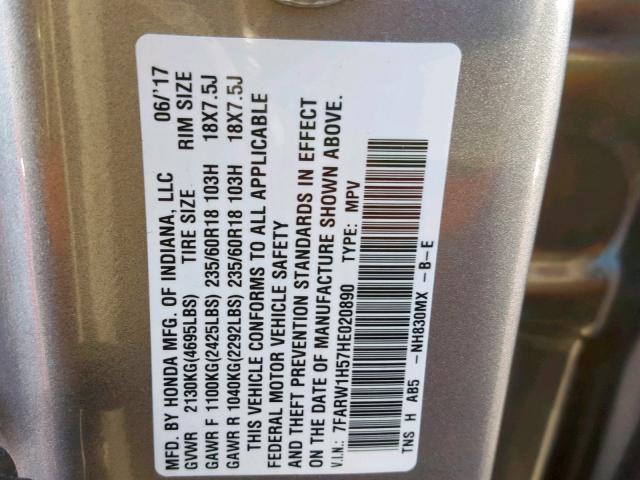 7FARW1H57HE020890 - 2017 HONDA CR-V EX SILVER photo 10