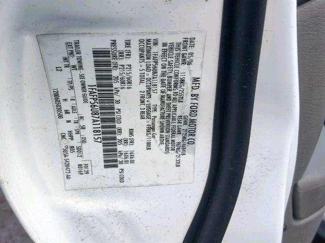 1FAFP56U87A118157 - 2007 FORD TAURUS SEL WHITE photo 10