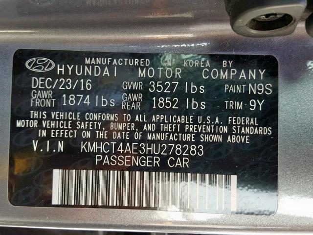 KMHCT4AE3HU278283 - 2017 HYUNDAI ACCENT SE GRAY photo 10