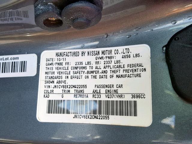 JN1CV6EK2CM422055 - 2012 INFINITI G37 BASE GRAY photo 10