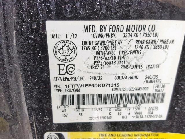 1FTFW1EF6DKD71315 - 2013 FORD F150 SUPER BLACK photo 10