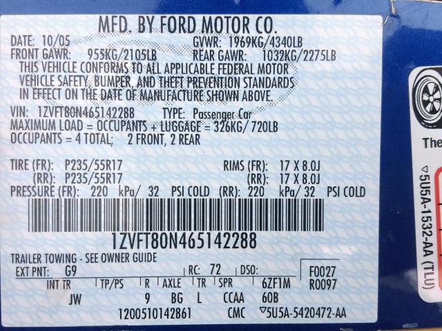 1ZVFT80N465142288 - 2006 FORD MUSTANG BLUE photo 10