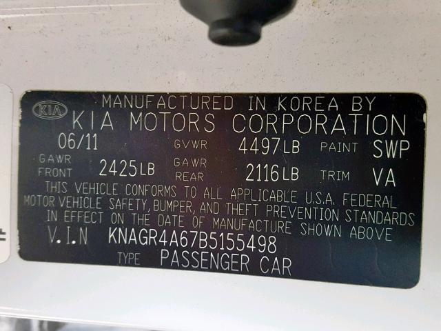 KNAGR4A67B5155498 - 2011 KIA OPTIMA SX WHITE photo 10