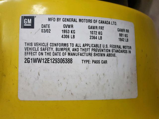 2G1WW12E129306388 - 2002 CHEVROLET MONTE CARL 黄色 照片 10