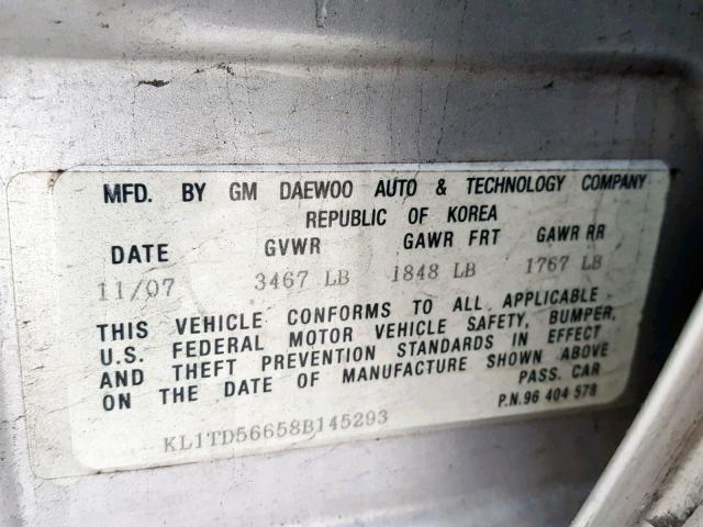 KL1TD56658B145293 - 2008 CHEVROLET AVEO BASE Күміс фото 10