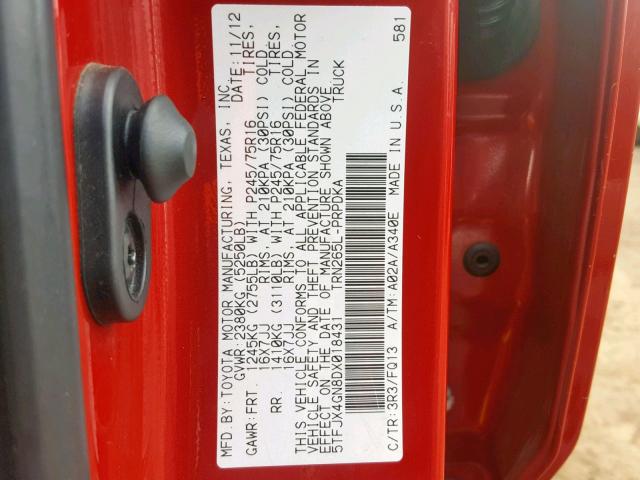 5TFJX4GN8DX018431 - 2013 TOYOTA TACOMA RED photo 10