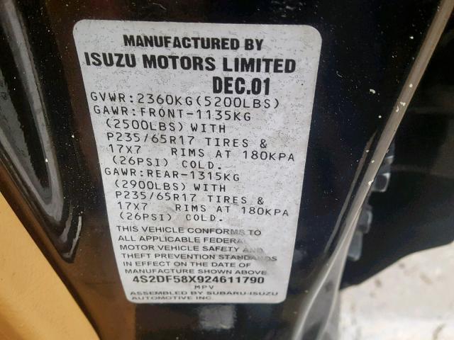 4S2DF58X924611790 - 2002 ISUZU AXIOM XS Qara foto 10