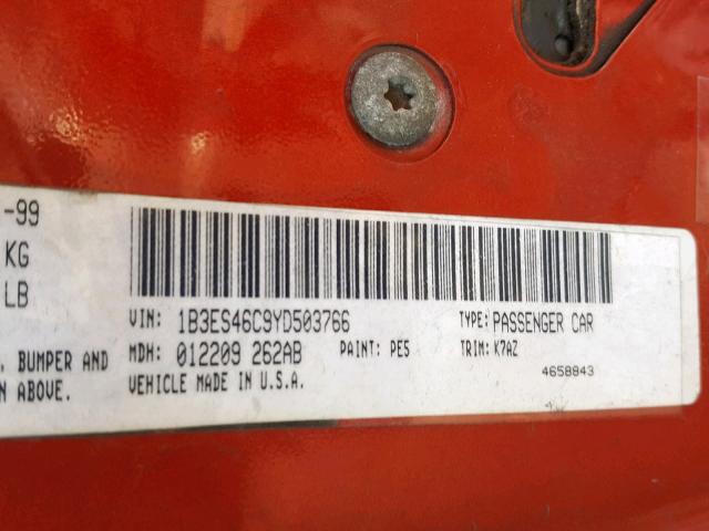 1B3ES46C9YD503766 - 2000 DODGE NEON BASE ORANGE photo 10