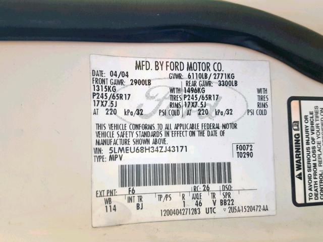 5LMEU68H34ZJ43171 - 2004 LINCOLN AVIATOR 白色 照片 10