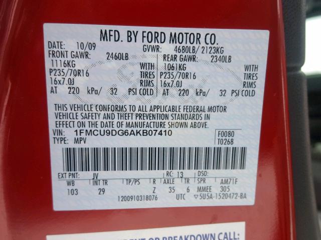 1FMCU9DG6AKB07410 - 2010 FORD ESCAPE XLT RED photo 10