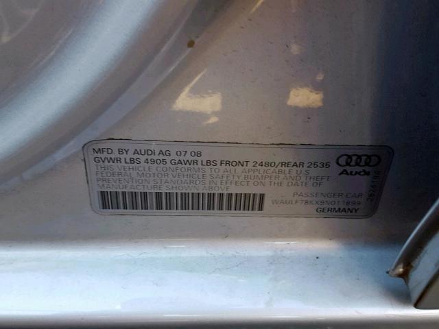 WAULF78KX9N011899 - 2009 AUDI A4 2.0T QU SILVER photo 10