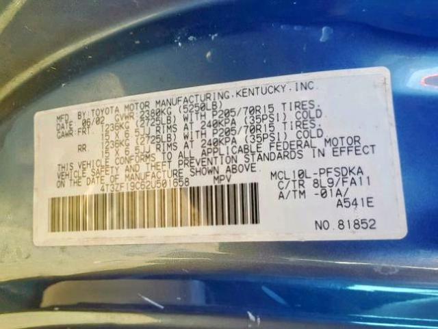 4T3ZF19C62U501658 - 2002 TOYOTA SIENNA CE BLUE photo 10