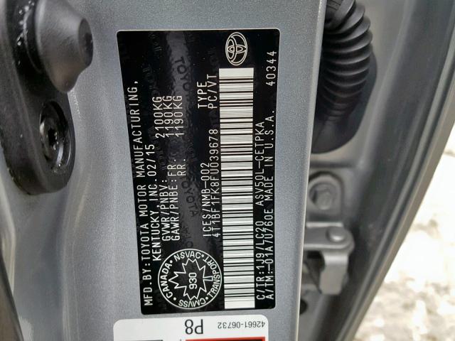 4T1BF1FK8FU039678 - 2015 TOYOTA CAMRY LE SILVER photo 10