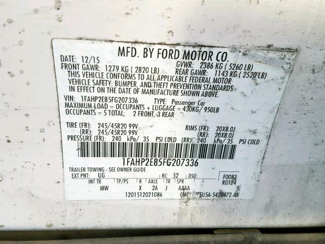 1FAHP2E85FG207336 - 2015 FORD TAURUS SEL WHITE photo 10