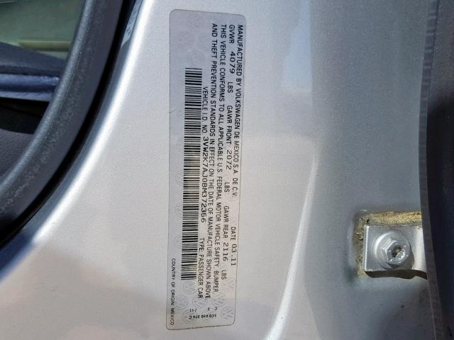 3VW2K7AJ0BM372356 - 2011 VOLKSWAGEN JETTA BASE 银色 照片 10