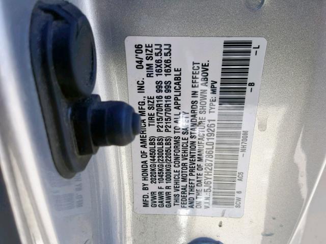 5J6YH28786L019261 - 2006 HONDA ELEMENT EX SILVER photo 10