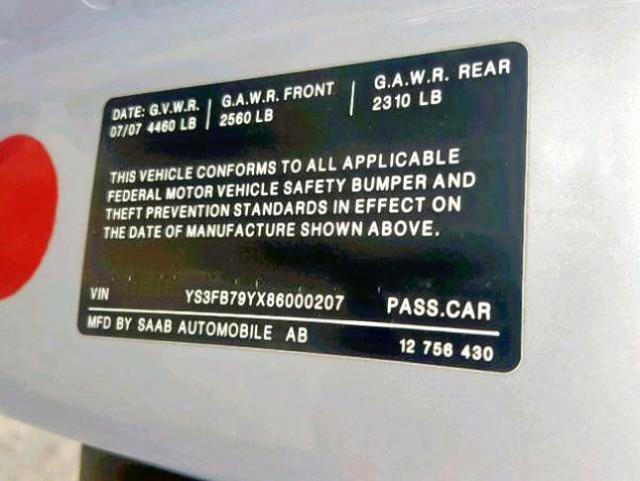 YS3FB79YX86000207 - 2008 SAAB 9-3 2.0T SILVER photo 10