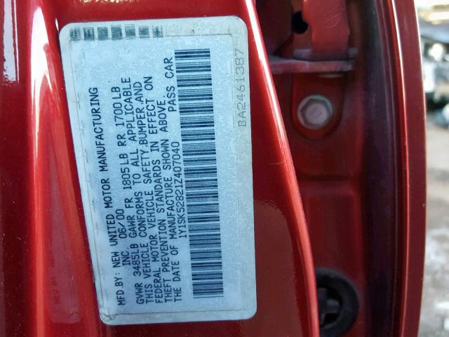 1Y1SK52821Z407040 - 2001 CHEVROLET GEO PRIZM RED photo 10