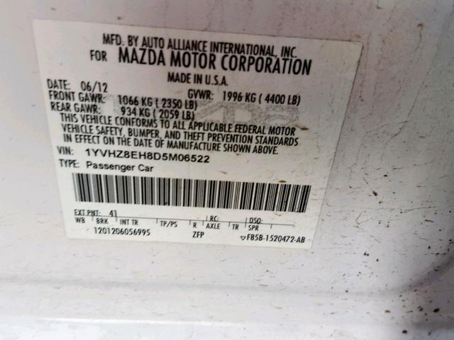 1YVHZ8EH8D5M06522 - 2013 MAZDA 6 TOURING WHITE photo 10