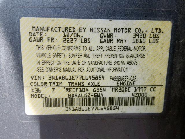 3N1AB61E77L645854 - 2007 NISSAN SENTRA 2.0 GRAY photo 10