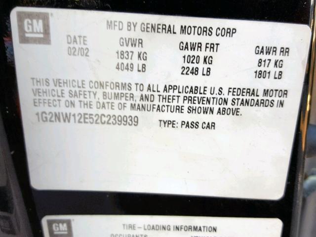 1G2NW12E52C239939 - 2002 PONTIAC GRAND AM G BLACK photo 10