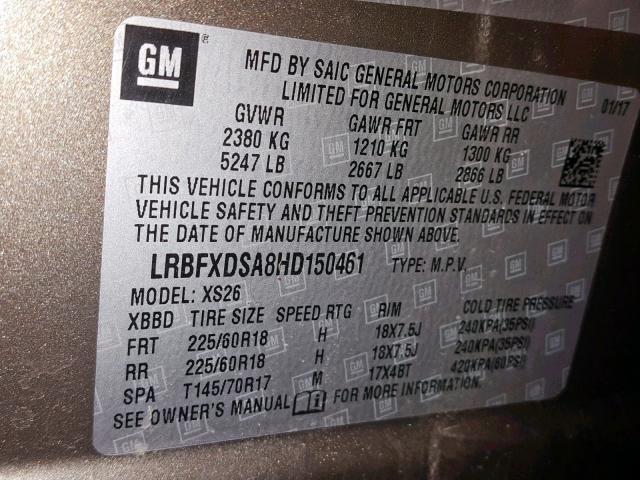 LRBFXDSA8HD150461 - 2017 BUICK ENVISION E BROWN photo 10