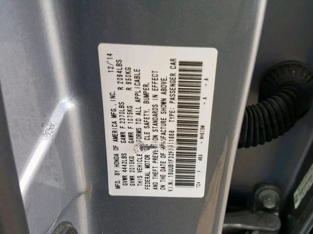 19UUB1F32FA011668 - 2015 ACURA TLX GRAY photo 10