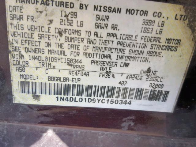 1N4DL01D9YC150344 - 2000 NISSAN ALTIMA XE PURPLE photo 10