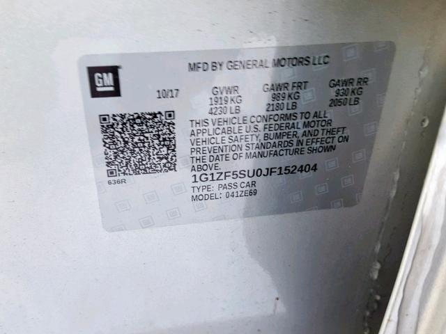 1G1ZF5SU0JF152404 - 2018 CHEVROLET MALIBU HYB 银色 照片 10