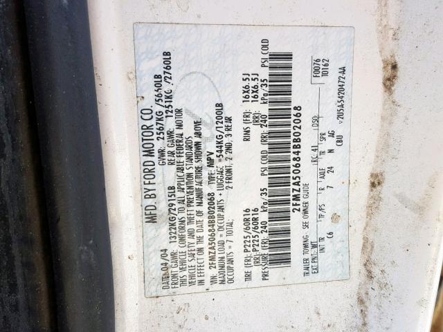 2FMZA50684BB02068 - 2004 FORD FREESTAR S WHITE photo 10